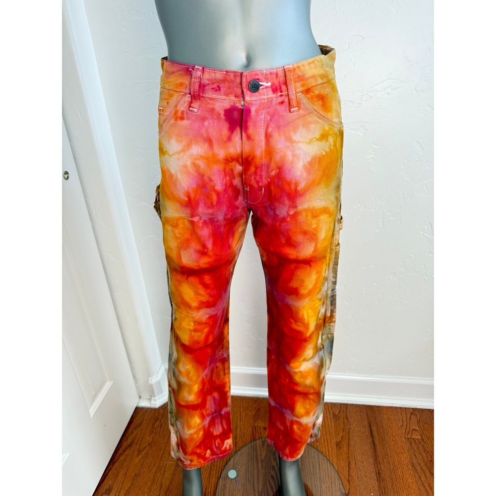 Custom Ice Dyed Dickies Painter Pants | Fire Red Orange Tie Dye Utility Workwear